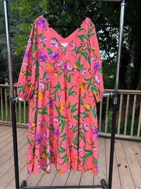 Anthropologie Coral Floral Puff Sleeve Maxi Dress XL Petite,  With pockets